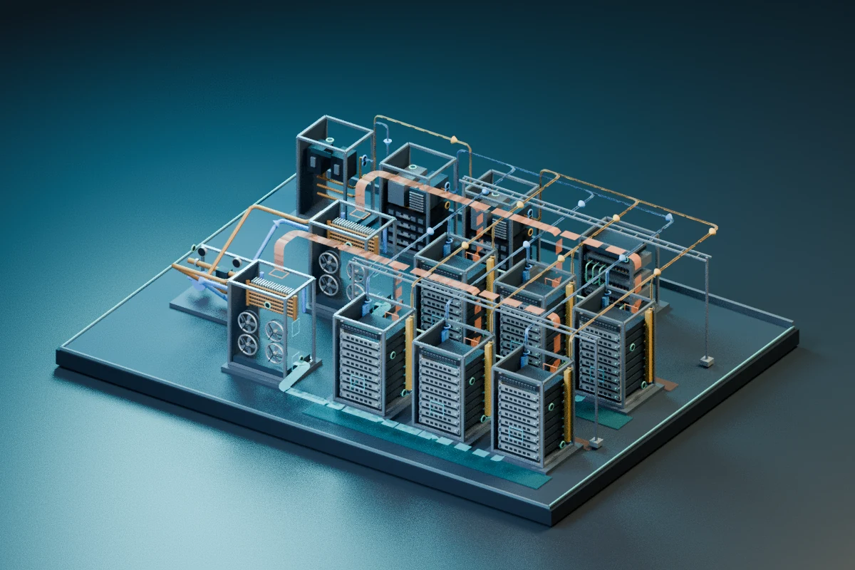 Rendered teaching model of a complete data centre, with server racks, power equipment and cooling systems.